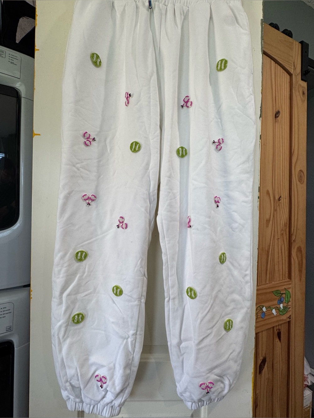 QUEEN OF SPARKLES White Sweatpants with Pink & Green Embroidery